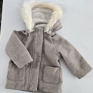 H&M Tan Hooded Wool Blend Dress Coat with Faux Fur Trim Fleece Lining 9-12m
